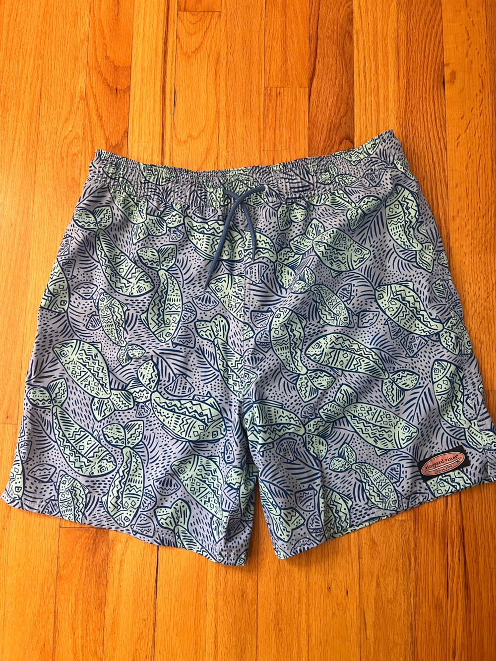 Vineyard Vines Boys Blue and Mint Fish Print Swim Trunks